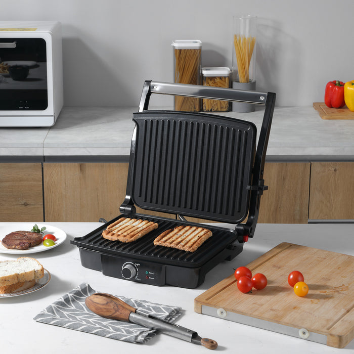 4 Slice Health Grill and Panini Press - 2000W Electric Non-stick Surface with 180° Opening & Drip Tray - Adjustable Temperature for Perfect Grilling and Toasties