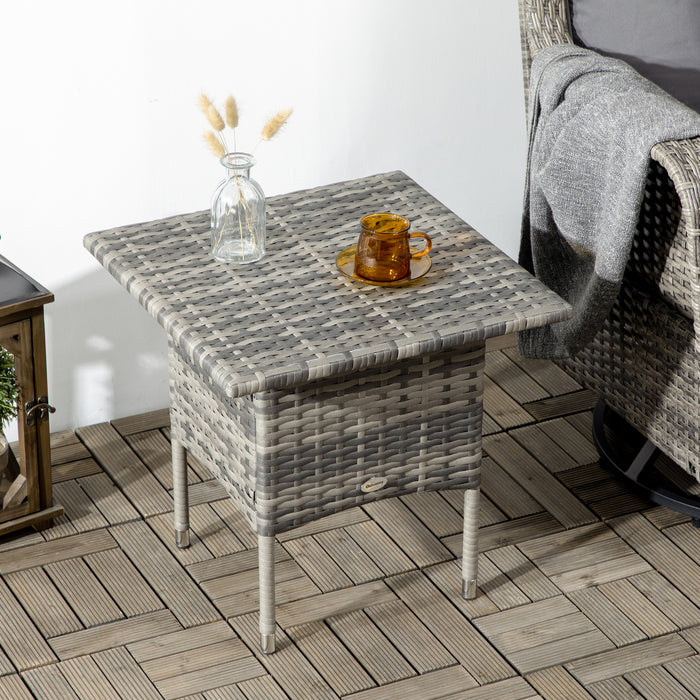 Outdoor Rattan Side Table with Plastic Board - Fully Woven Top, Mixed Grey Finish - Ideal for Patio, Garden, Balcony Spaces