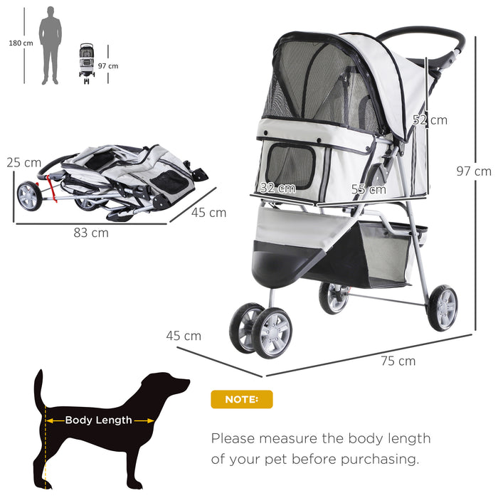 Pet Travel Stroller for Dogs and Cats - Three-Wheeled Pushchair Trolley in Grey - Ideal for Puppy Jogging and Carrier Convenience