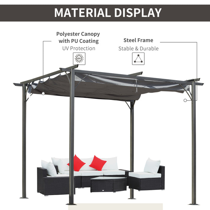 Metal Pergola Gazebo with Retractable Canopy 3x3m - Outdoor Garden Sun Shade Shelter, Grey - Ideal for Marquee Parties and BBQs