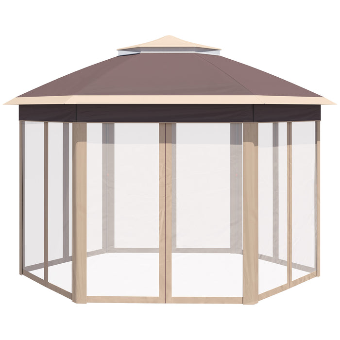 Hexagon Instant Pop-Up Gazebo - Double Roof Outdoor Patio Shelter with Netting, 3x4m, Khaki - Ideal for Garden Parties and Events