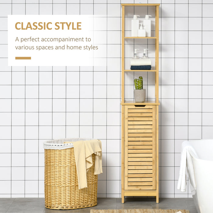 Bathroom Tallboy Storage Unit - Slim Freestanding Organizer with 3 Shelves and Cupboard - Space-Saving Solutions for Toiletries and Linens