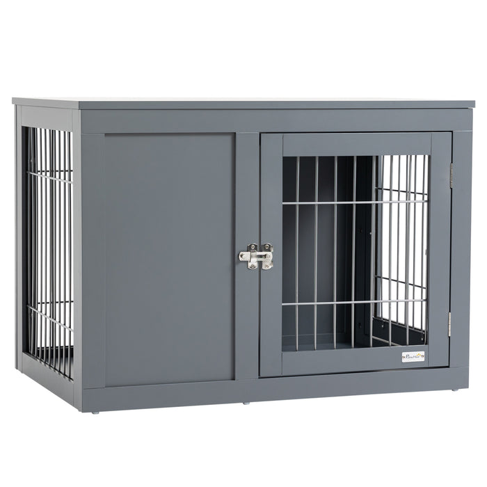 End Table Dog Crate with Style - Indoor Dual-Door Lockable Pet Cage Kennel for Small to Medium Dogs - Decorative Grey Puppy House Blends with Home Decor