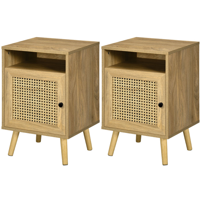 Rattan Element Nightstand Set of 2 - Versatile Bedside Tables with Storage Shelf and Cupboard, 39x35x60cm - Ideal for Bedroom Organization and Decor