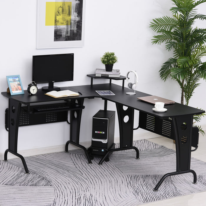 L-Shaped Gaming Desk with CPU Stand and Keyboard Tray - Sturdy Steel Frame & Melamine Coated Workstation - Ideal for Home Office Gamers and Space Efficiency