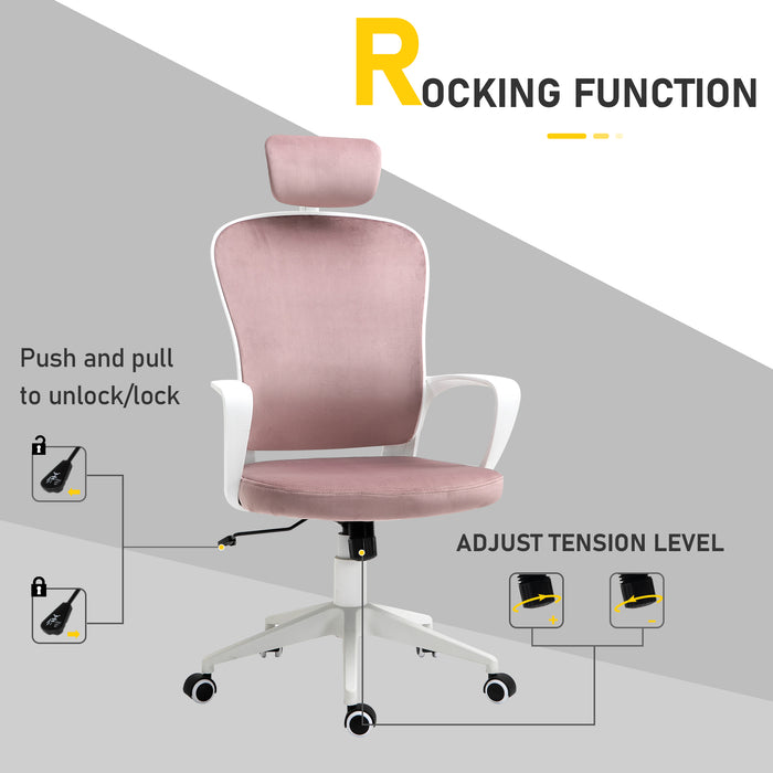 Ergonomic Velvet High-Back Chair with Rocking Feature - Home Office Computer Desk Chair with Wheels & Adjustable Headrest - Comfortable Seating for Long Working Hours, Pink