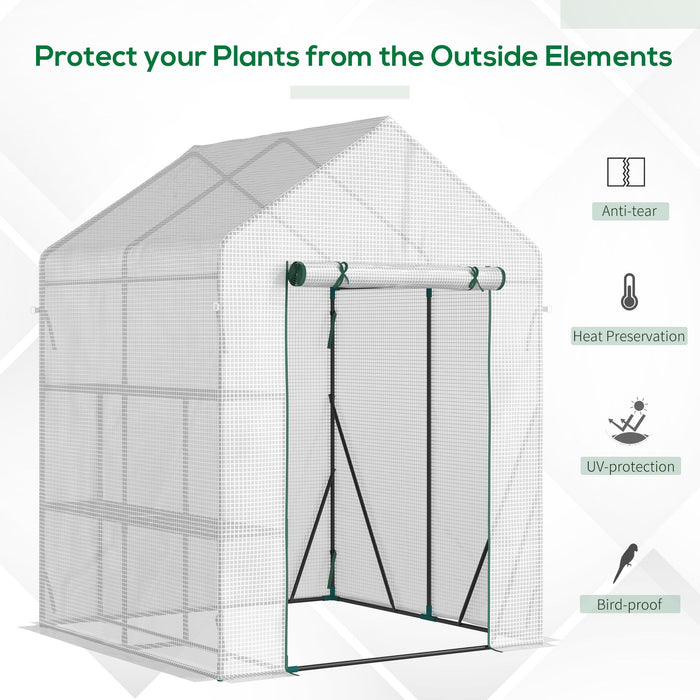 Portable Walk-In Greenhouse - with 2-Tier Shelving, Roll-Up Zippered Door & Durable PE Cover, 143x143x195 cm - Ideal for Garden Plant Growing and Protection