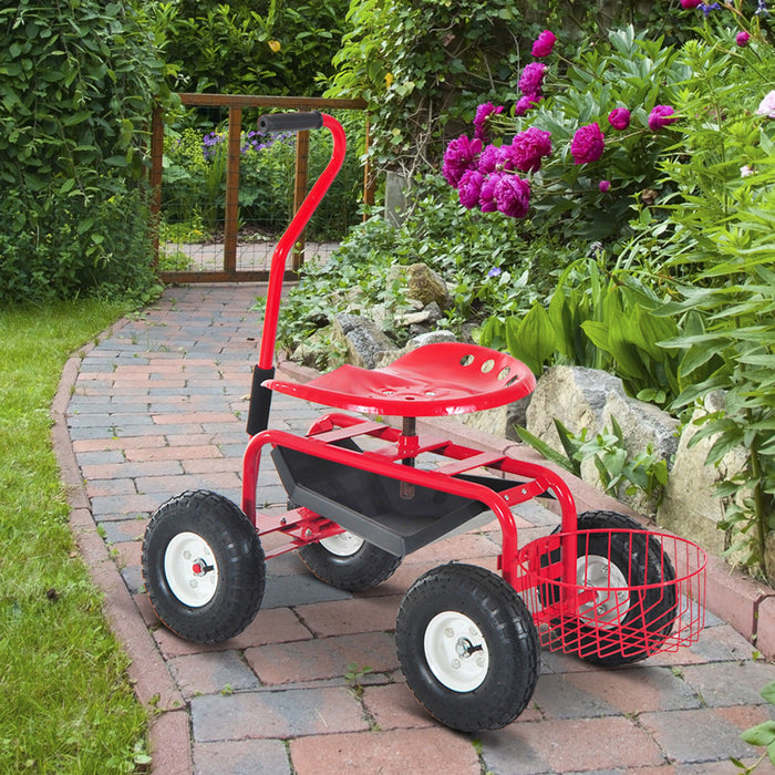 Gardener's Delight Adjustable Rolling Work Seat - Heavy-Duty Swivel Garden Planting Station Trolley with Tool Tray and Basket, 150kg Capacity - Outdoor Gardening Comfort for Plant Enthusiasts