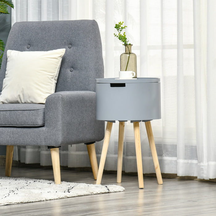 Modern Round Side Table with Hidden Storage - Wood Nightstand with Removable Tray, Grey - Ideal for Living Room or Children's Room Organization