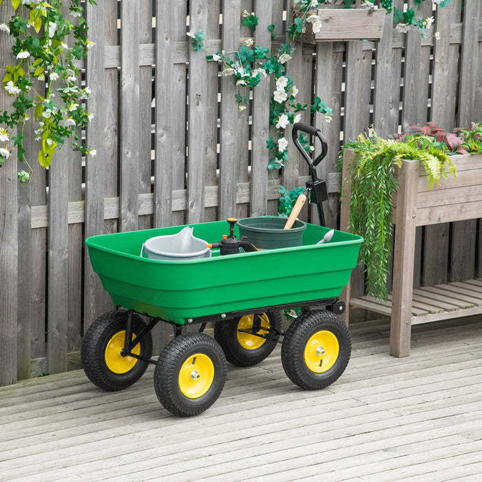 Heavy Duty Garden Cart Trolley 125L Capacity - 4-Wheel Barrow with Dumping Feature, Green - Ideal for Lawn and Yard Work, Transporting Soil and Equipment