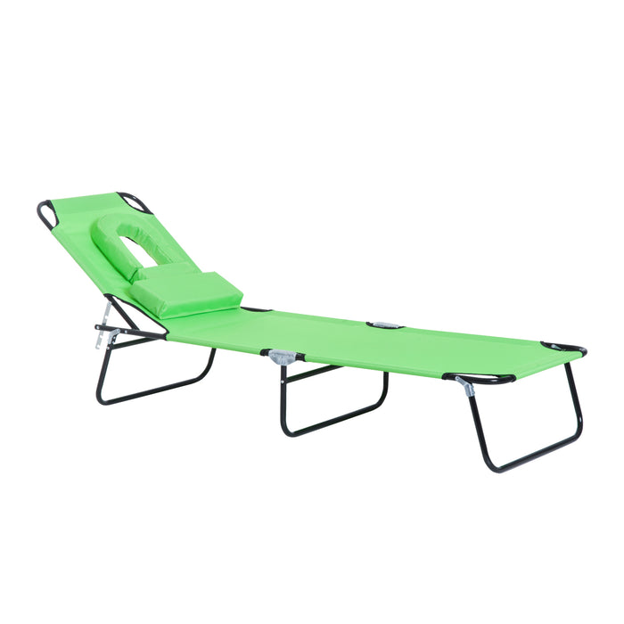 Foldable Sun Lounger with Pillow - Reclining Chair with Reading Hole for Beach & Garden - Adjustable Outdoor Recliner in Green for Relaxation