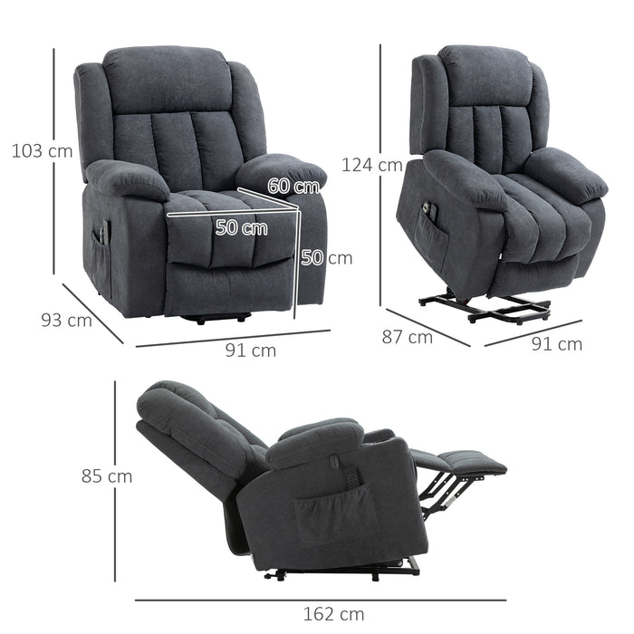 Extra-Large Heavy-Duty Lift Recliner Chair - Fabric Upholstered Power Riser with Remote Control and Side Pocket, Dark Grey - Comforting Seating Solution for Elderly and Limited Mobility Users