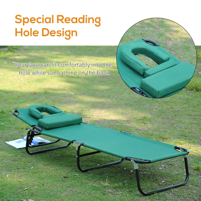 Foldable Sun Lounger with Adjustable Backrest - Comfortable Reclining Chair with Pillow & Reading Hole for Outdoors - Ideal for Garden, Beach Relaxation in Dark Green