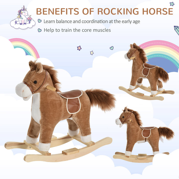 Plush Rocking Horse with Sound Features - Sturdy Brown Children's Ride-On Toy - Ideal for Enhancing Motor Skills and Playtime Fun