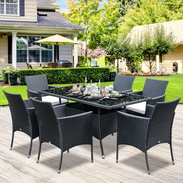 6-Seater Rattan Dining Set - Garden Patio Furniture with Rectangular Table and Cube Chairs - Fire Retardant Cushions for Outdoor Entertaining