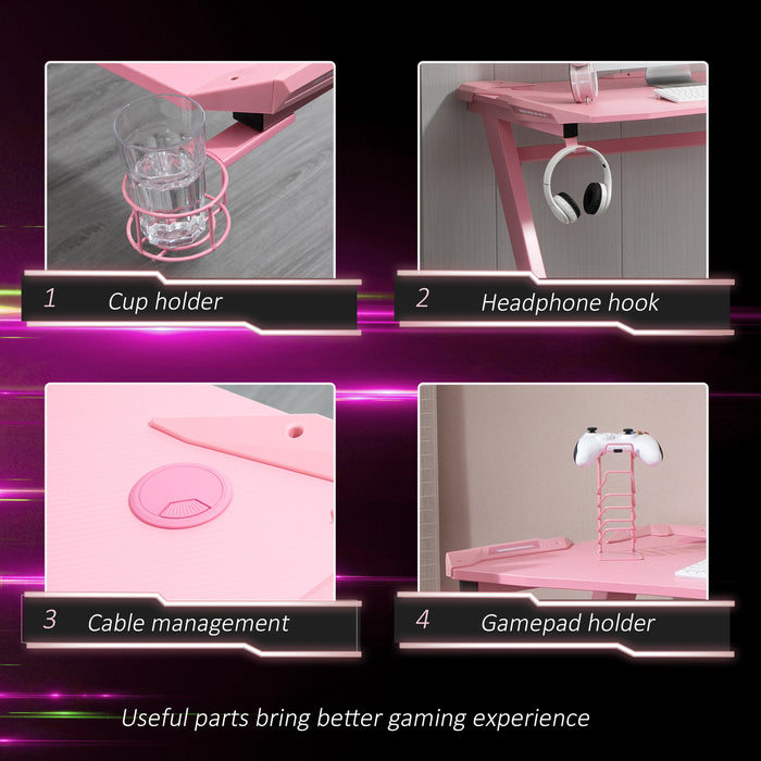 Ergonomic Gaming Desk with Headphone Hook and Cup Holder - Home Office Gamer Workstation Racing Table in Pink - Ideal for Comfort and Style in Gaming Setups (122 x 66 x 86cm)