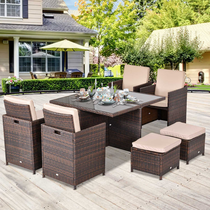 9PC Rattan Garden Furniture Set - 8-Seater Wicker Outdoor Dining, Chairs, Footrest & Table with Thick Cushions - Perfect for Patio & Deck Entertaining