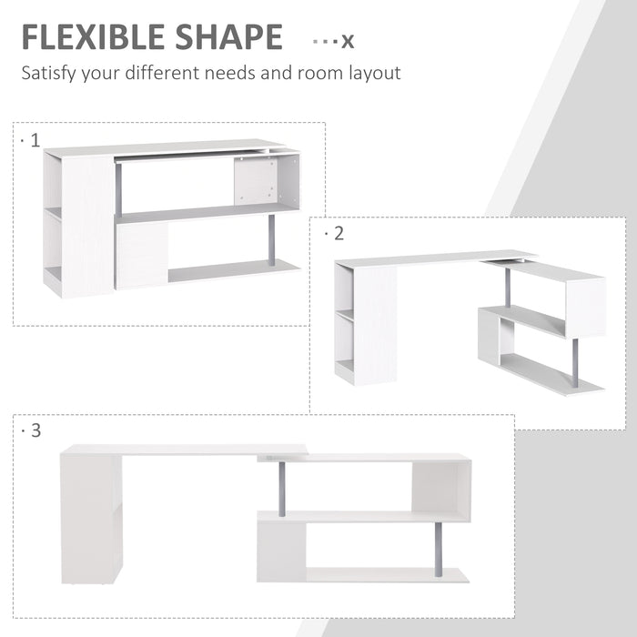 Rotating Corner Desk with Storage - 360-Degree L-Shaped Wooden Laptop Workstation - Space-Saving Table for Home Office, White Finish