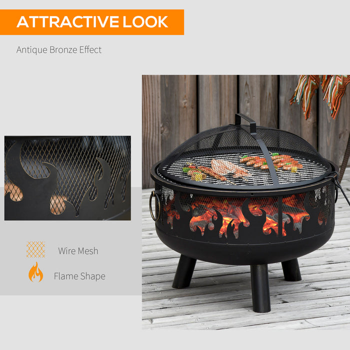 Outdoor 2-in-1 Fire Pit and BBQ Grill - Steel Bowl Heater with Cooking Grate and Spark Screen - Ideal for Backyard Bonfires and Patio Cookouts