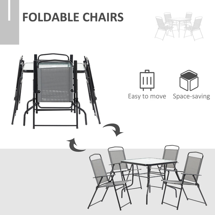 Outdoor 5-Piece Dining Set with Glass Tabletop - Includes 4 Folding Chairs & Texteline Seats, Parasol-Compatible - Perfect for Patio & Garden Entertaining