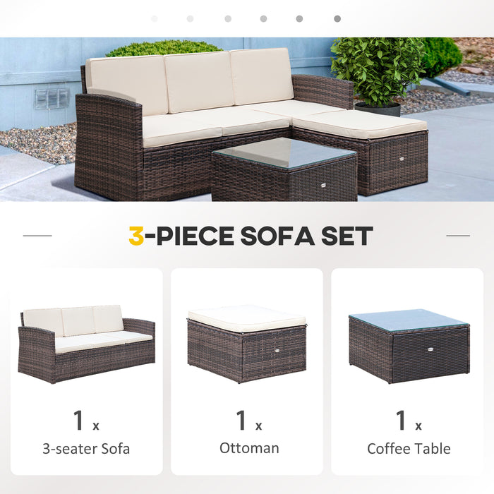 Outdoor Rattan Furniture Set - 4-Seater Corner Sofa with Coffee Table and Footstool, Thick Brown Cushions - Ideal for Patio and Garden Entertaining