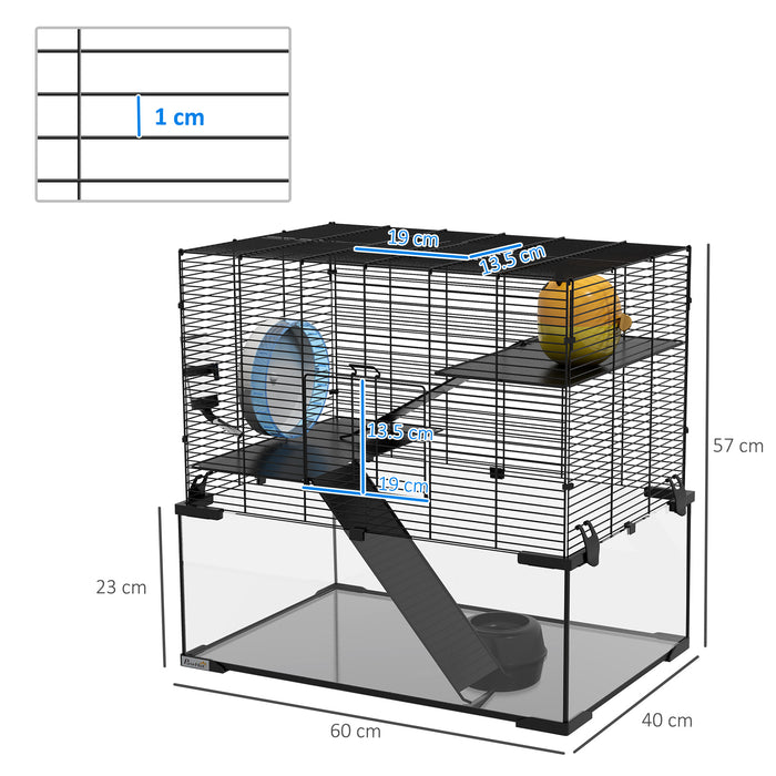 3-Tier Glass Bottom Hamster Habitat - Sturdy Cage with Non-Slip Ramps, Platforms, Hut, Exercise Wheel & Water Bottle - Ideal for Syrian & Dwarf Hamsters