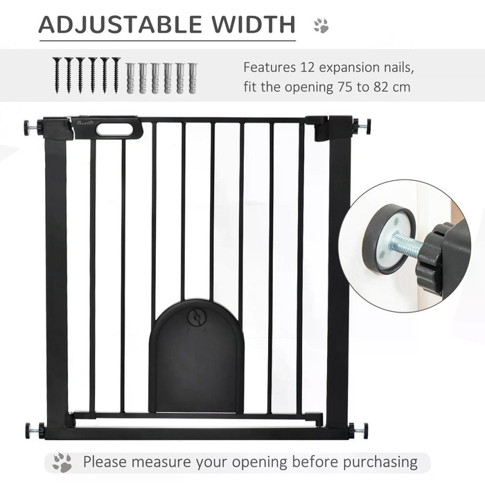 Pet Safety Gate 75-82 cm - Pressure-Mounted Barrier w/ Small Pet Door, Auto-Close & Double Locking - Ideal for Doorways & Stairs, For Dogs & Cats