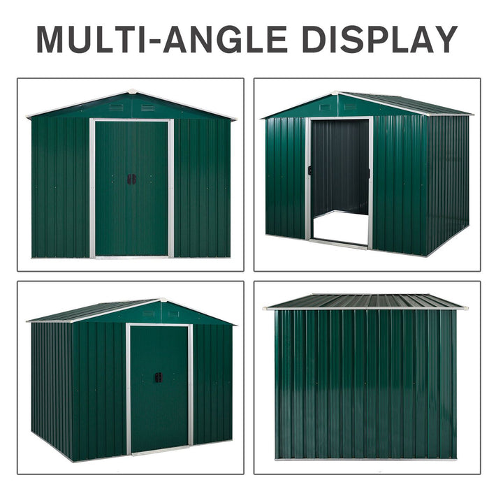 Corrugated Steel Garden Shed 8x6 ft - Spacious Metal Storage with Ventilation & Sliding Doors, Green - Ideal for Outdoor Tools and Equipment Shelter