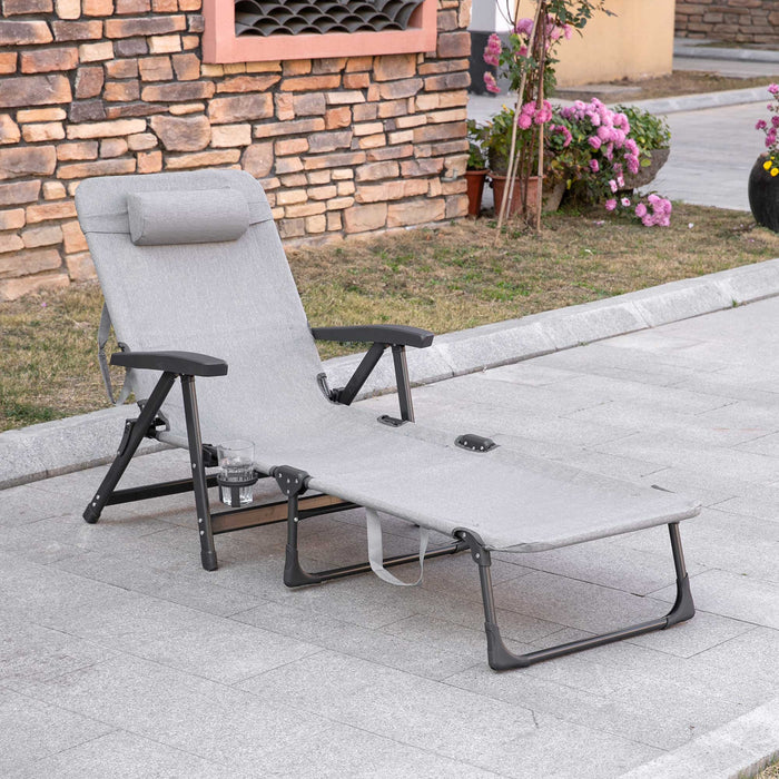 Mesh Fabric Chaise Lounge Chair with 7 Reclining Positions - Folding Sun Lounger with Pillow & Cup Holder, Light Grey - Ideal for Poolside Comfort and Relaxation