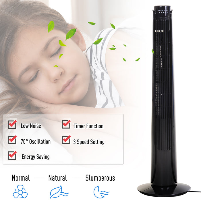 Tower Fan with Oscillation and Remote Control - 36-Inch, 3-Speed, Timer, Quiet Operation for Home Office Bedroom - Sleek Black, 92cm Tall