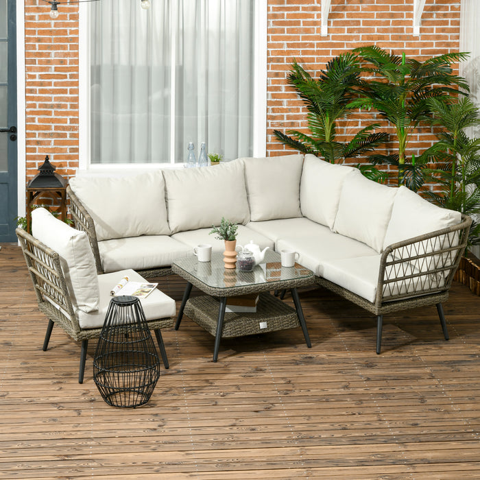 6-Seater Rattan Corner Sofa - Round & Half-Round Wicker Weave Outdoor Furniture with Thick Padded Cushions - Perfect for Patio, Garden Comfort & Entertaining