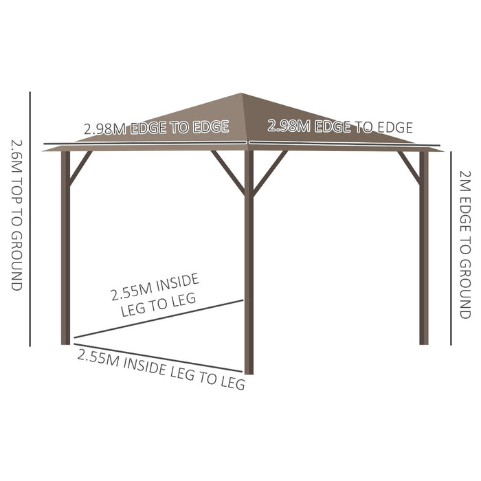 Aluminium Patio Gazebo 3x3 Meters - Hardtop Metal Roof Canopy with Mesh Curtains & Side Walls, Brown - Elegant Outdoor Shelter for Garden Parties & Events