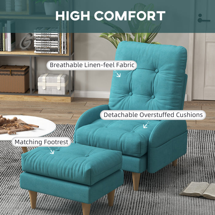 Modern Button Tufted Armchair & Footstool Set - Adjustable Backrest, Side Pockets, Wood Legs, Comfort Cushions - Elegant Seating Solution for Relaxation & Style