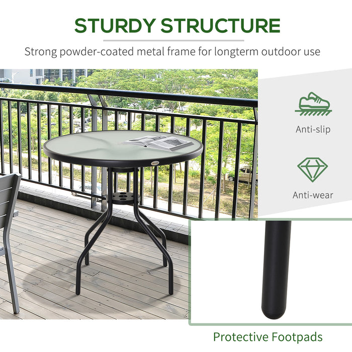 Outdoor Round Dining Table with Parasol Hole - Tempered Glass Top, 80cm Diameter Coffee Side Table - Ideal for Garden and Patio Entertaining