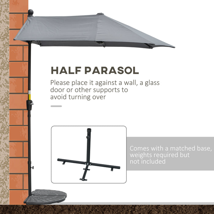 Half Parasol Market Umbrella - 2m Double-Sided Canopy with Crank Handle and Cross Base, Dark Grey - Ideal for Small Gardens and Balconies