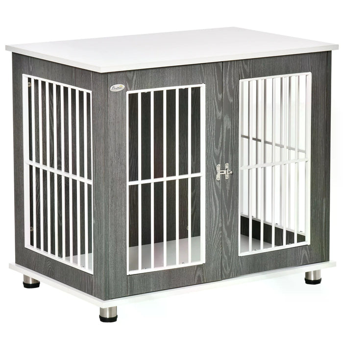 Elegant Wooden Dog Crate Kennel - Lockable Door, Adjustable Foot Pads, Modern Grey & White Design - Stylish Pet Enclosure for Home Safety and Comfort