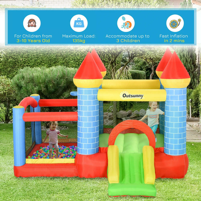 Kids Bounce Castle House with Inflator - 4-in-1 Inflatable Trampoline, Slide, Water Pool, and Basketball Area - Enchanting Castle Design for Children Ages 3-10