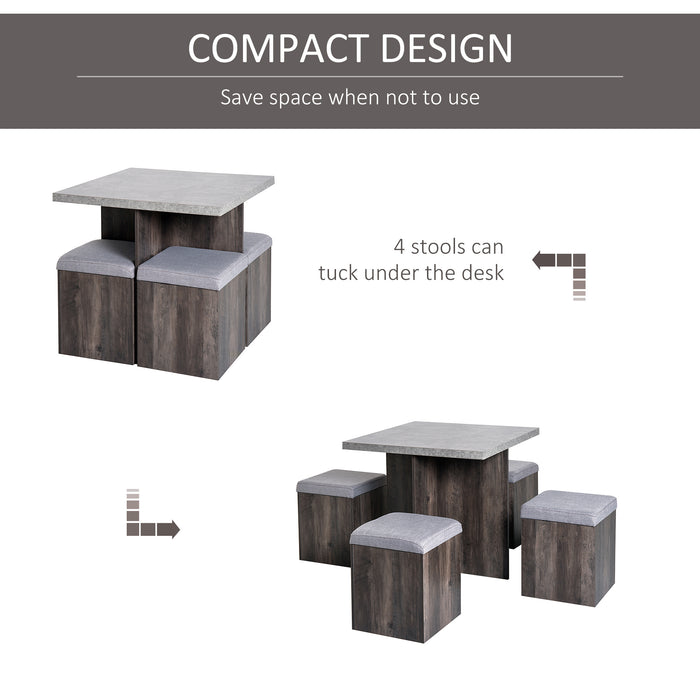 5PC Wooden Dining Set with Storage Stools - Garden Patio Furniture with Cushioned Ottomans and Table - Space-Saving Ensemble Ideal for Indoor & Outdoor Use