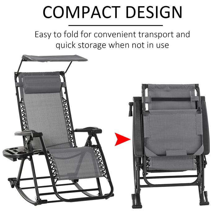 Folding Rocking Sun Lounger - Garden Recliner with Adjustable Zero-Gravity, Side Holder, Headrest for Patio Decking - Ideal for Outdoor Relaxation, Grey