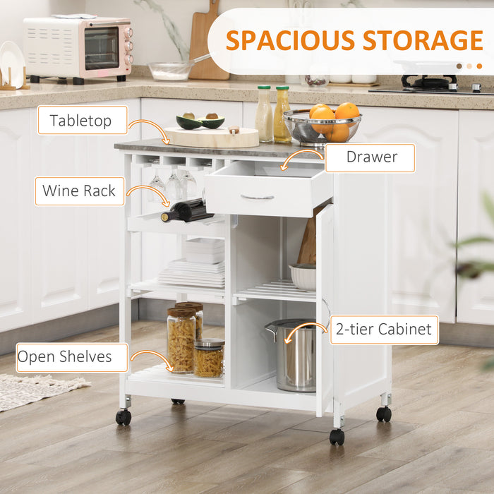 Kitchen Organizing Cart with Wheels - Multipurpose Trolley with Wine Rack, Drawer, Shelf, and Cabinet - Space-Saving Storage for Dining Room Essentials