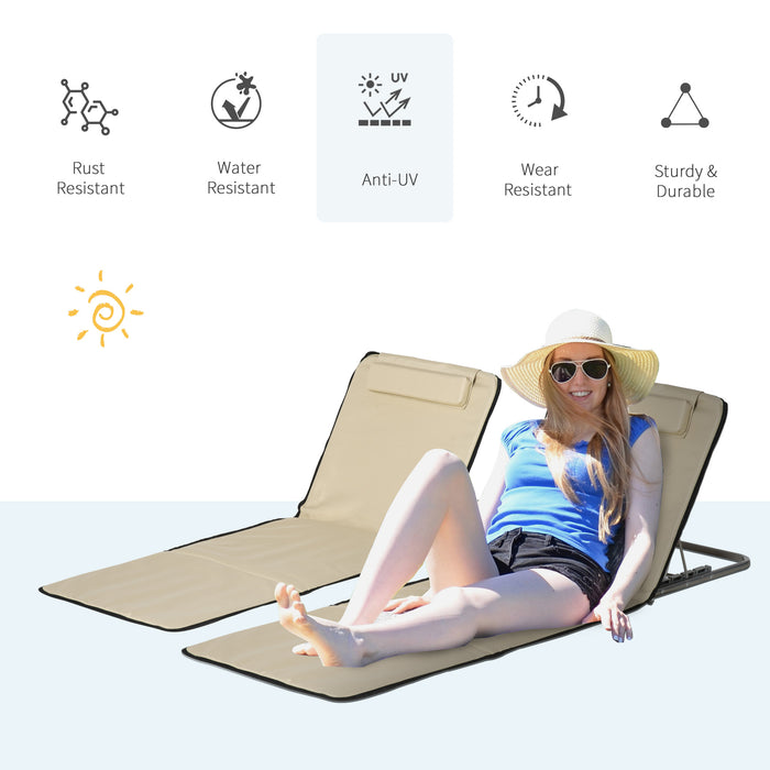 Foldable Garden Beach Chair Mat Duo - Lightweight Adjustable Sun Lounger with Metal Frame and PE Fabric - Perfect for Outdoor Relaxation with Head Pillow, Beige