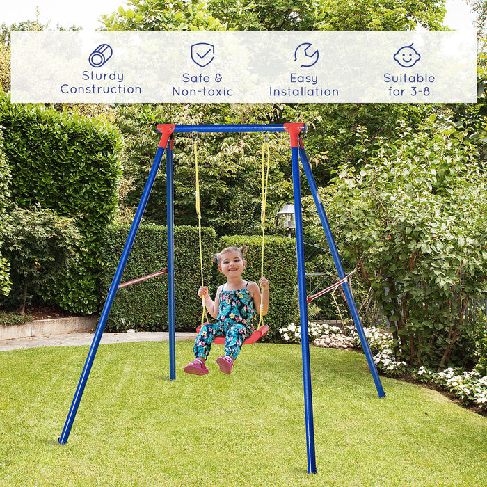 Heavy Duty Metal Swing Set with Adjustable Rope Seat - A-Frame Outdoor Playset for Backyard Fun - Ideal for Kids Aged 6-12, Vibrant Blue