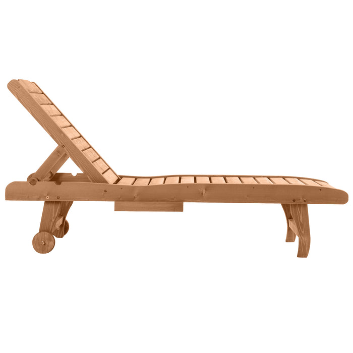 Outdoor Wooden Lounger with Built-In Table - Adjustable Backrest, Wheels, Red Brown Sun Bed - Perfect for Patio Relaxation and Sunbathing