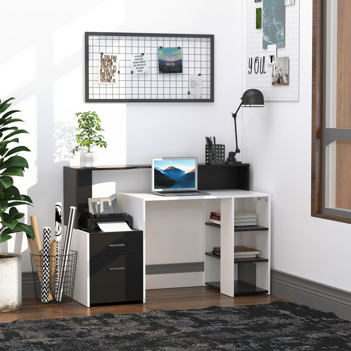 Modern Home Office Computer Desk with Printer Shelf - Writing Workstation with Storage Drawer and Shelves - Ideal for Study Room and Small Spaces, Black and White Design