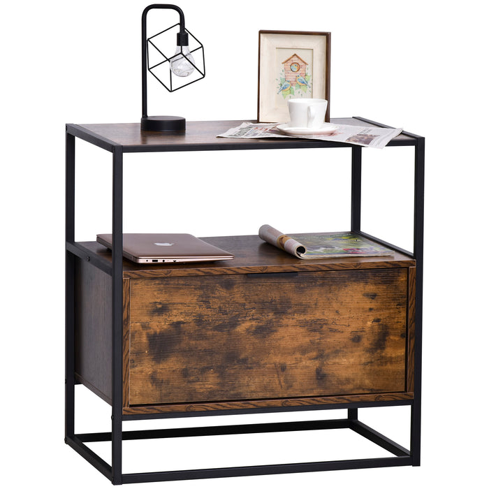 Industrial-Chic Side Table with Storage Drawer - Open Shelf, Large Base, and Steel Frame - Retro Two-Tone Design for Bedroom and Living Room Decor