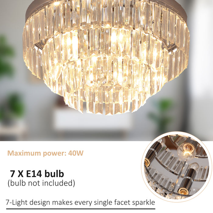 Round Crystal Chandelier - 7-Light Ceiling Mounted Fixture with Elegant Glass Crystals - Ideal Lighting for Living Room, Dining Area, and Hallways