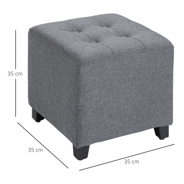 Linen-Look Ottoman with Button Tufting - Upholstered Square Footstool, Padded Wood Frame, Side Table Functionality - Stylish Grey Home Furniture for Living Room Comfort and Versatility