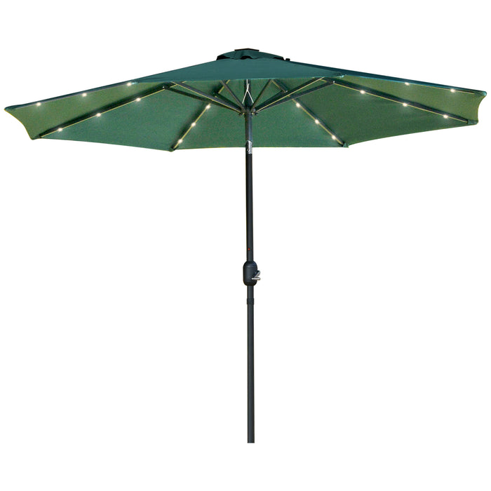 Patio LED Umbrella with Push Button Tilt/Crank - 2.7m Garden Parasol with 8 Rib Sun Shade, Green - Outdoor Table Market Umbrella for Sun Protection