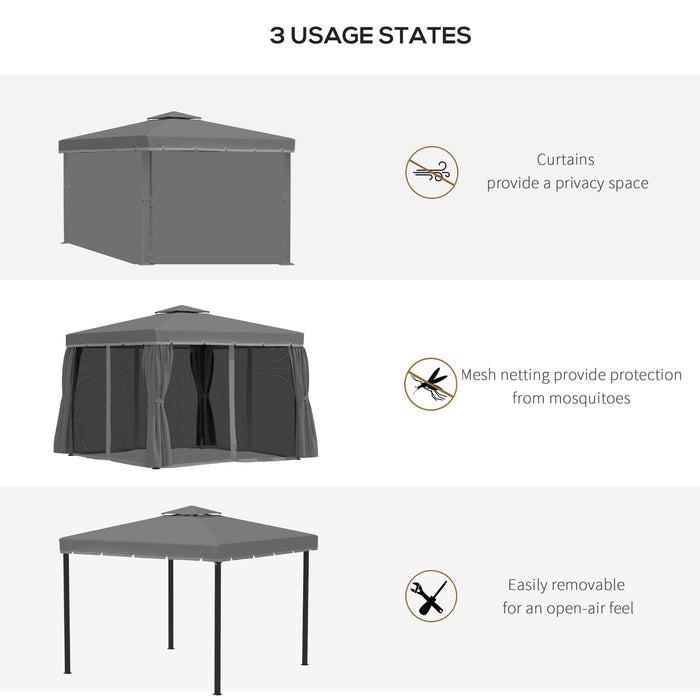 3x3m Patio Gazebo - Water-Repellent Double Tiered Roof Marquee with Mosquito Netting and Curtains in Dark Grey - Outdoor Shelter for Garden Events and Gatherings