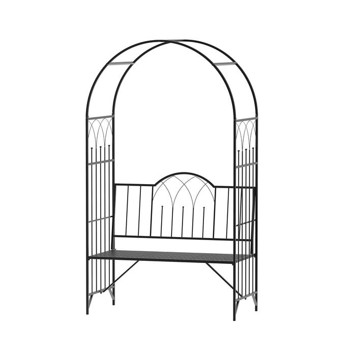 Outdoor Metal Garden Arch with Integrated Bench - Rose Trellis Pergola Design for Climbing Plants - Antique-Style 2-Seater Patio Seating for Relaxation and Garden Beautification